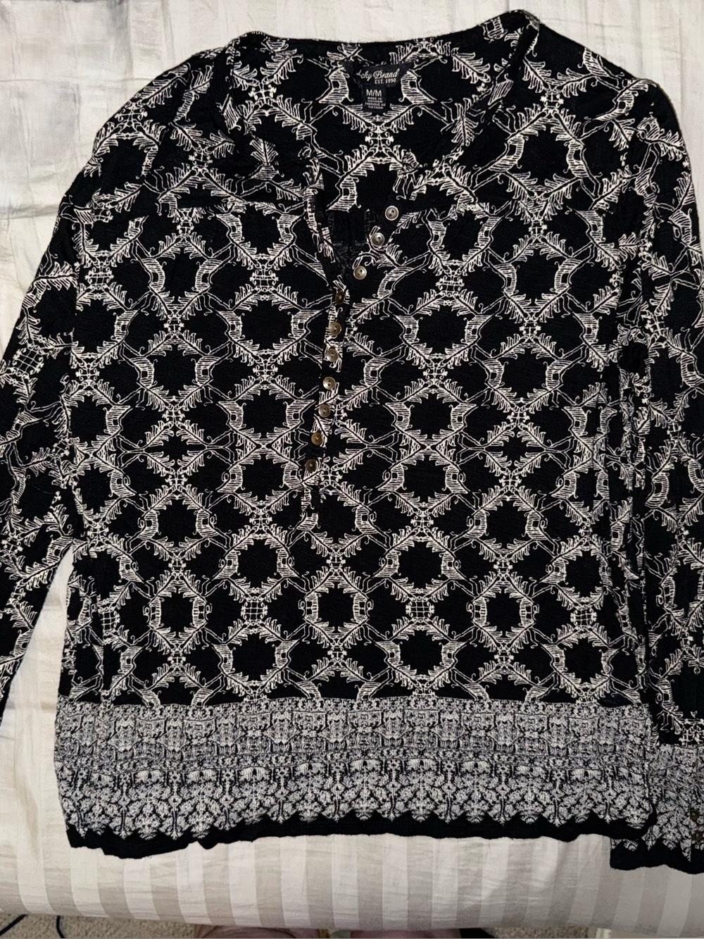 Black & White Henley Print Long Sleeve Top